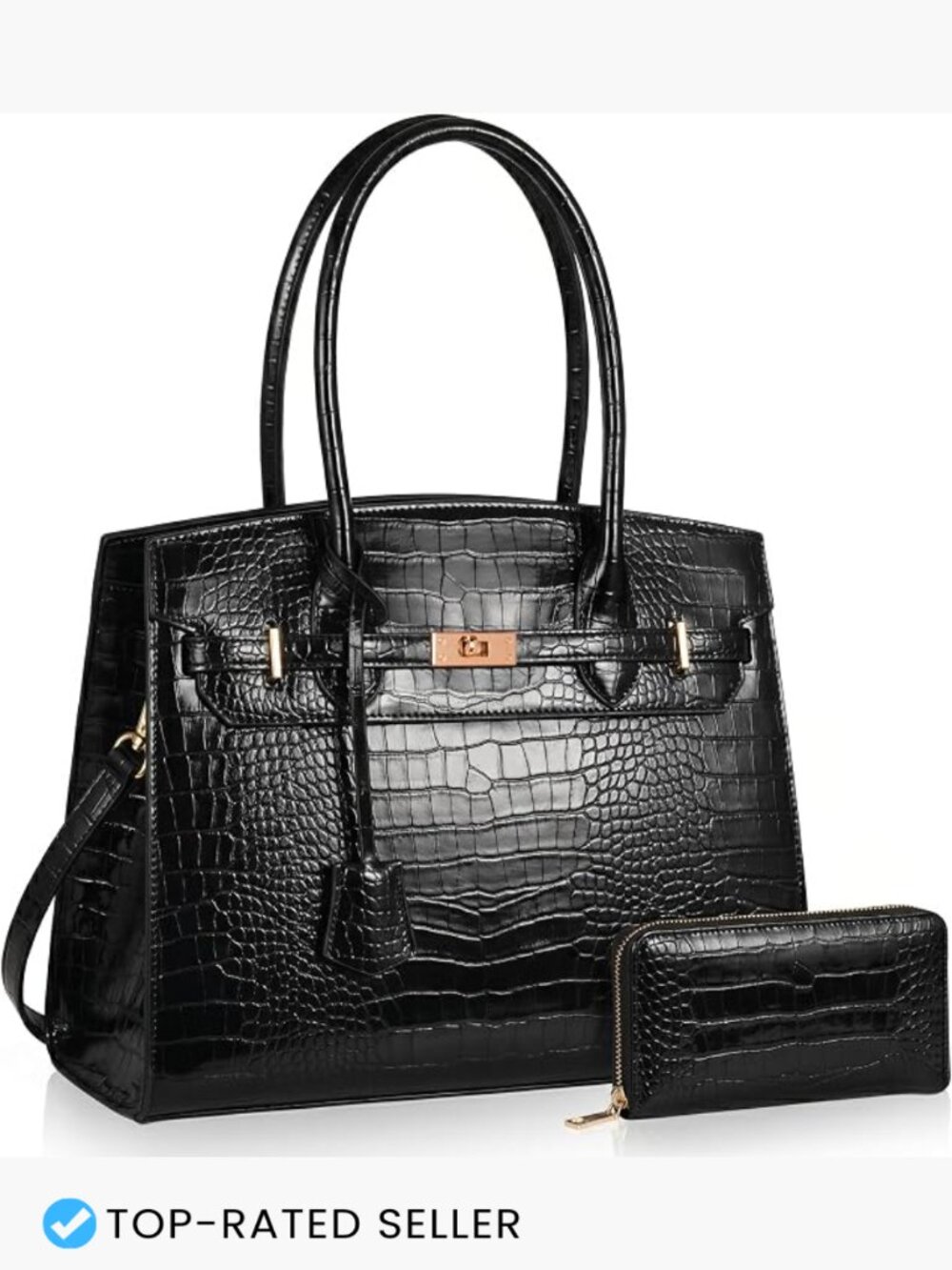 Satchel Handbag 2 Piece Set Work Tote Adjustable Strap Vegan Leather Chunky